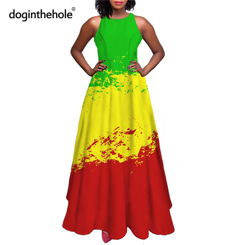 Jamaica Flag Printed Women Summer Sleeveless Long Dress Reggae Style Elegant Big Swing Party Dresses for Ladies Femme Vestidos
