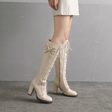 Winter Sweet Women Knee High Boots PU Leather Round Toe 7cm High Block Heels Bowtie Lace-up Lolita Lady Zipper Long Riding Boots