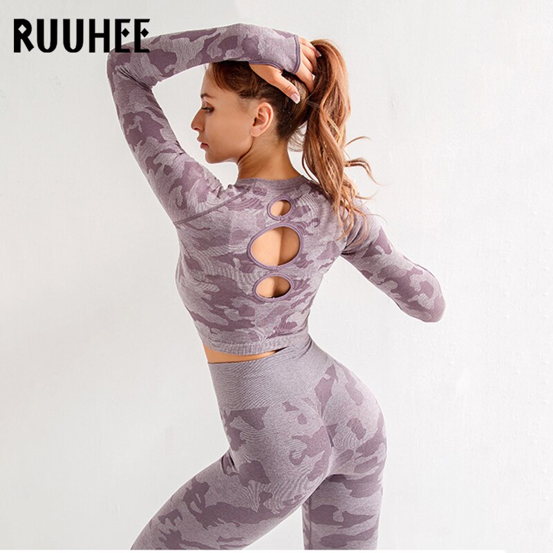 RUUHEE Women Yoga Set Camouflage Seamless Long Sleeve High Waist Leggings and Bra Workout Sportwears 2 Piece Gym Suit Female