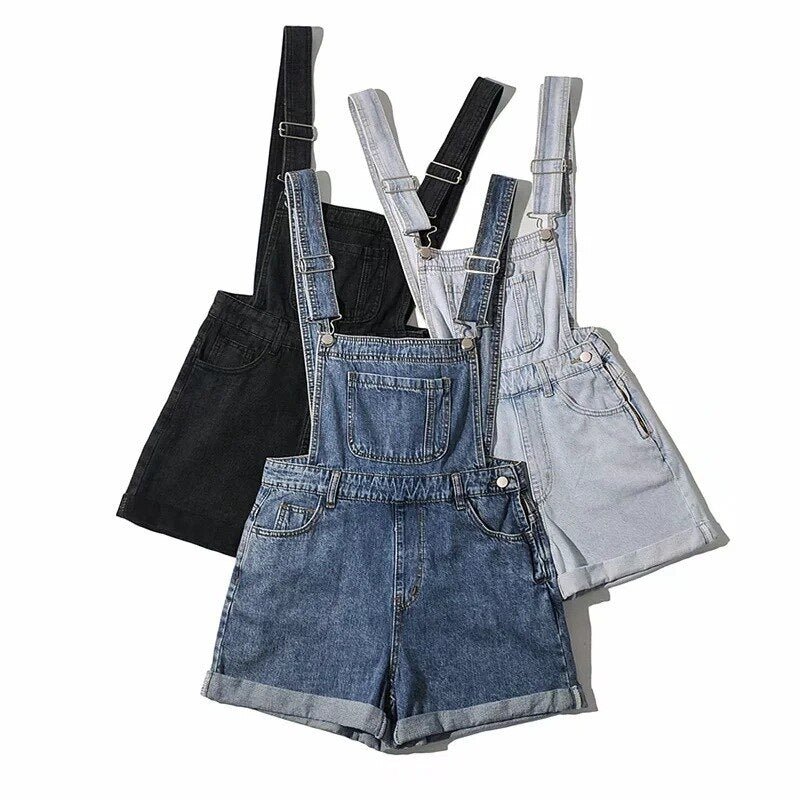 Summer Denim Bib Overalls Shorts Women Casual Adjustable Strap Cuffed Hem Jean Overall Shorts