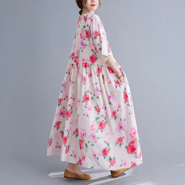 short sleeve cotton vintage floral dresses for women casual loose long woman summer dress elegant clothes 2022