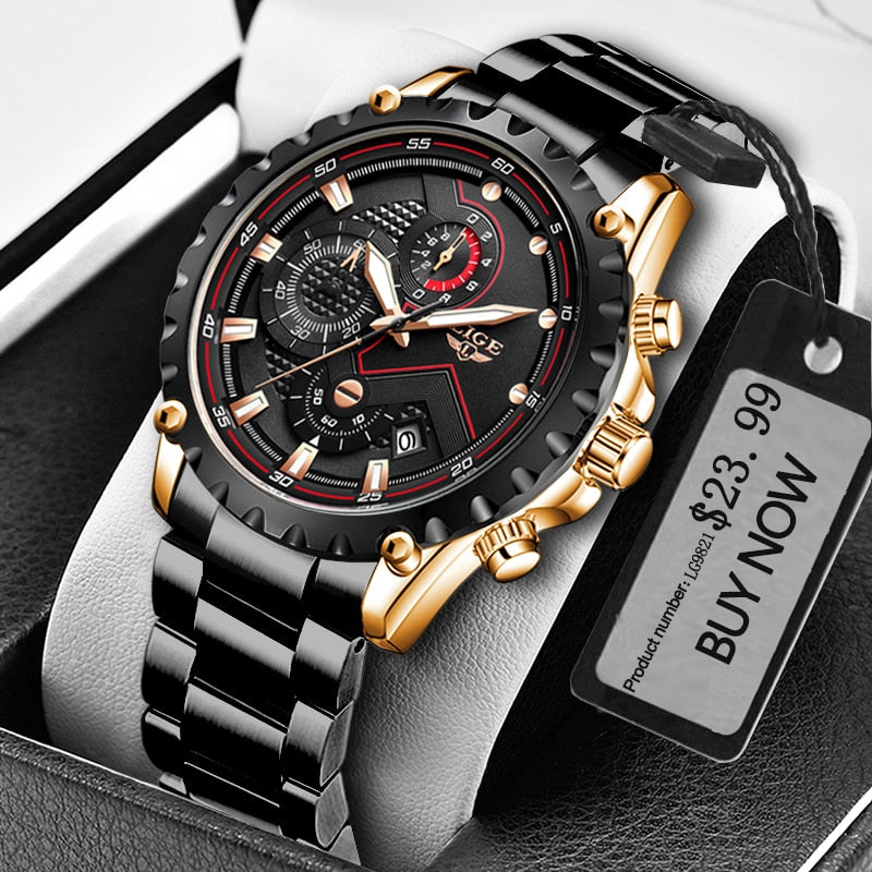 LIGE Fashion Mens Watches Top Luxury Brand Silver Stainless Steel 30m Waterproof Quartz