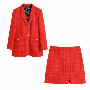 xikom 2021 Tweed Two pieces set Women red Vintage V Neck Long Sleeve Office Lady slim Blazer Coat Female Hight Waist skirt suit