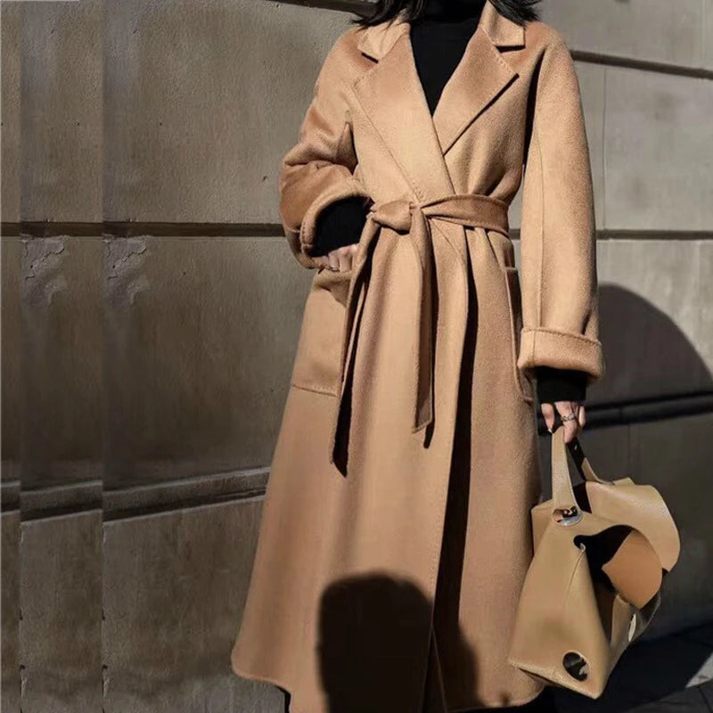 Winter Korean Popular High-end Water Corrugated Woolen Overcoat 2023 Fashion Long Bathrobe Style 100% Wool Jacket Coat Women