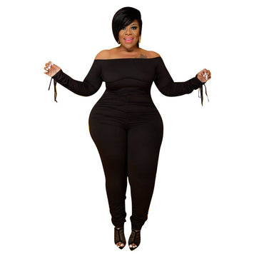 Sexy Plus Size Jumpsuit Overalls for Women Off Shoulder Bandage Long Sleeve Romper