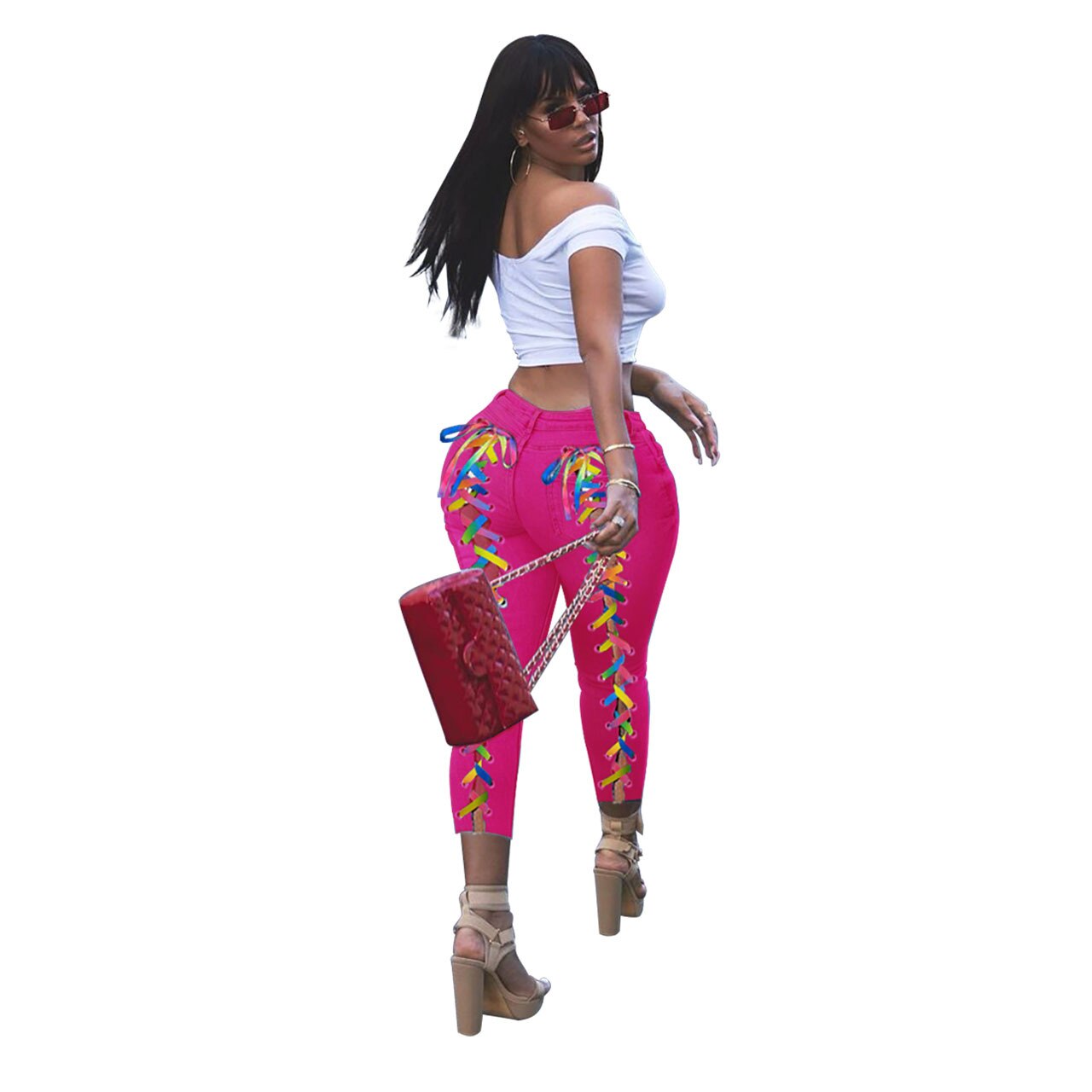 Women Jeans Back Criss-cross Lace Up Sexy Hole Sheath Elastic Mid Waist Long Pencil Denim Ankle-Length Pants Skinny Jeans