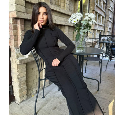 Europe and America Cross Border Now 2023 Autumn New Arrival Fashion Pure Color Skinny Sheath Long Sleeves Elegant Knitting Female Dress