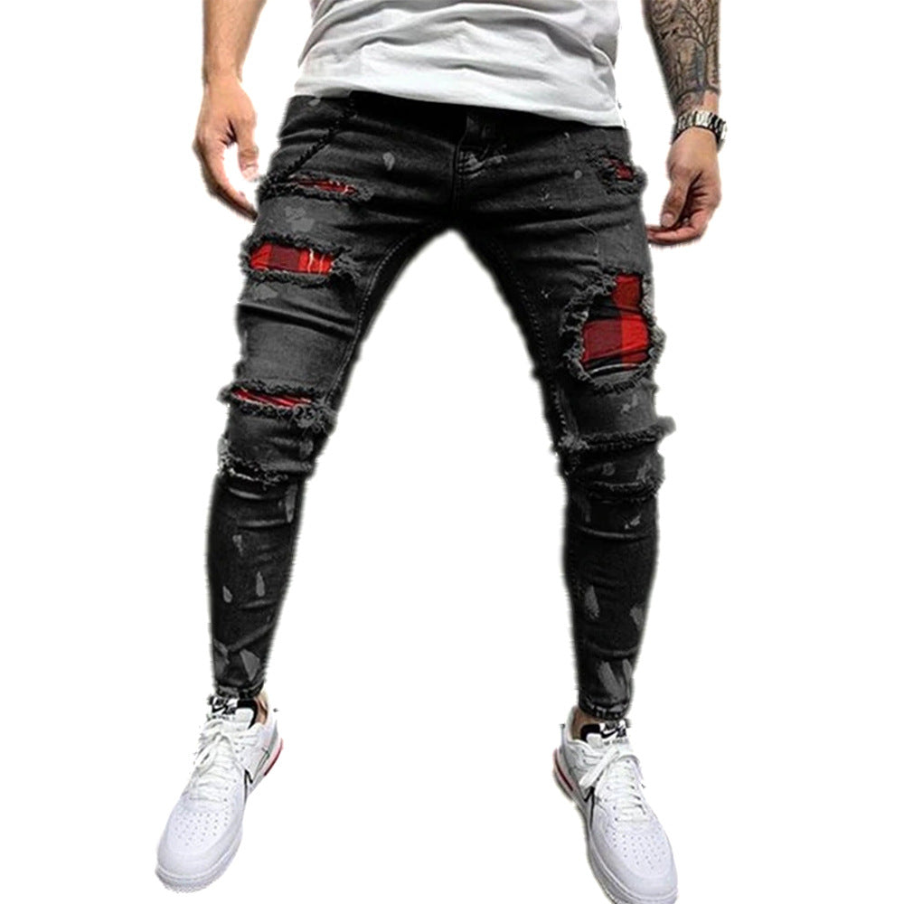 Cross-Border European and American Popular Men's Ripped Three-Color Jeans Amazon Patch Stretch Leg Jeans for Men J007