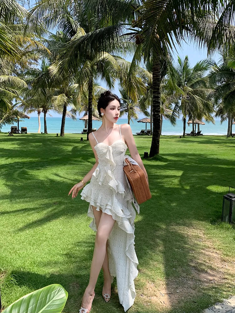 Level Asymmetrical Vacation Fairy Spaghetti-Strap Dress Asymmetrical Ruffles Slip Skirt(Spot) / M