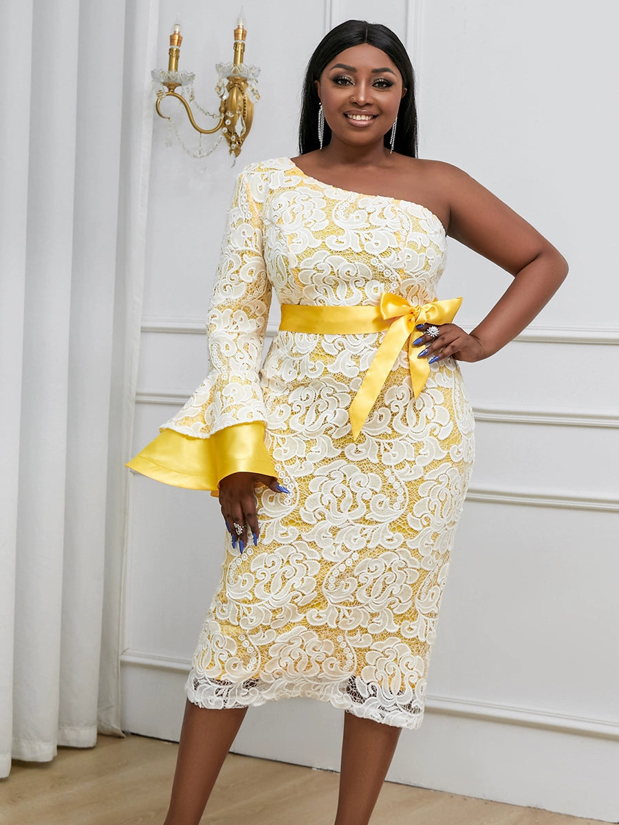 Plus Size Dresses Chubby Ladies Fashion Plus Size Chubby Girl Elegance One-Shoulder Sleeve Lace Plus Size Dresses Chubby Ladies Fashion Plus Size Chubby Girl Elegance One-Shoulder Sleeve Lace