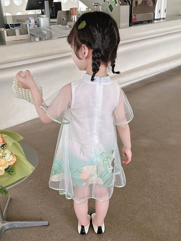 Kids Cartoon Panda Cheongsam Dress A- line Style Girls' Buckle Chinese Ancient Style Stitching Gauze Dress Children's Summer Clothes Dress