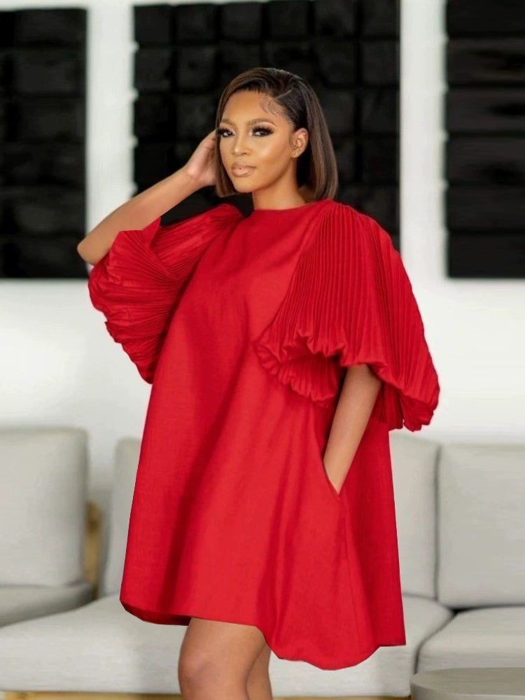 open lace back dress Plus Size double Ruffled Sleeves Pleated Flare Midi Dresses Made In USA main image 1