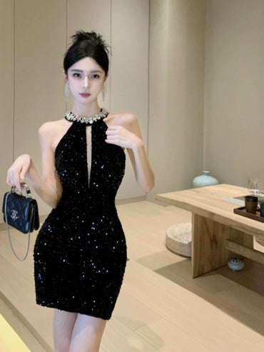 Exquisite Rhinestone Socialite Glitter A- line Skirt Halterneck