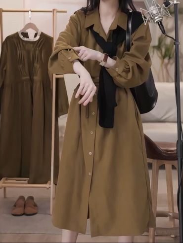 Super Japanese Style | Pure Color Original V Neck Long Sleeves Fake Two-Piece Straight-leg Cotton and Linen Dress Female Dress