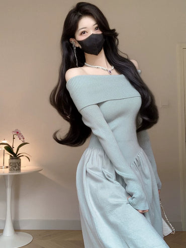 Amy's Shop Foreign Trade Quality Knitted Autumn and Winter Slim fit off-Shoulder off-Shoulder Sexy Knit sweater A- line Skirt Short dress Women