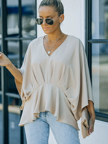 Fashion Bat 3/4 Sleeve Pure Color Casual Chiffon Shirt