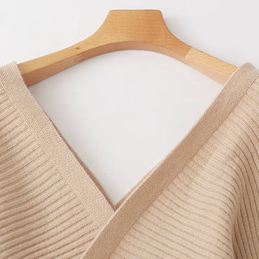 Woolen Skirt Fall and Winter New Foreign Trade Women's Clothing Fashion Cross V-neck Pullover Long Sleeves Shoelace Waist Bag Hip Skirt 26117