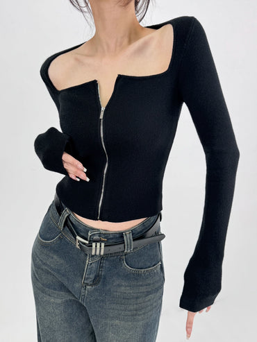 Double off-Shoulder Square Collar Zipper Short Knitwear