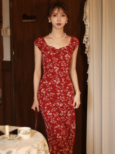 Retro V-neck Hip Red Small Floral Women's Summer Holiday Skirt