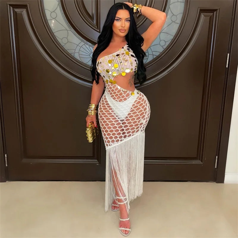 Sexy Fringe Tassel Knit Crochet Cover-up Beach Dress Women See Through Hollow Out Sequined Party Club Bodycon Maxi Dress Holiday