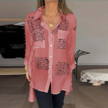 Women Fashion Button Shirt Blouses 2024 Turn Down Collar Long Sleeve Letter Print Shirts For Women Casual Loose Office Shirts