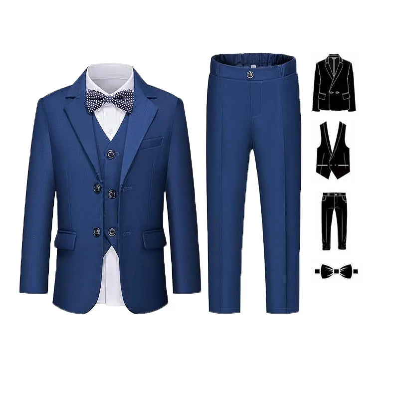 Gentleman Kids White Baptism Photograph Suit Children Slim Jacket Vest Pants Bowtie 4P Piano Dress Boys Prom Performance Costume