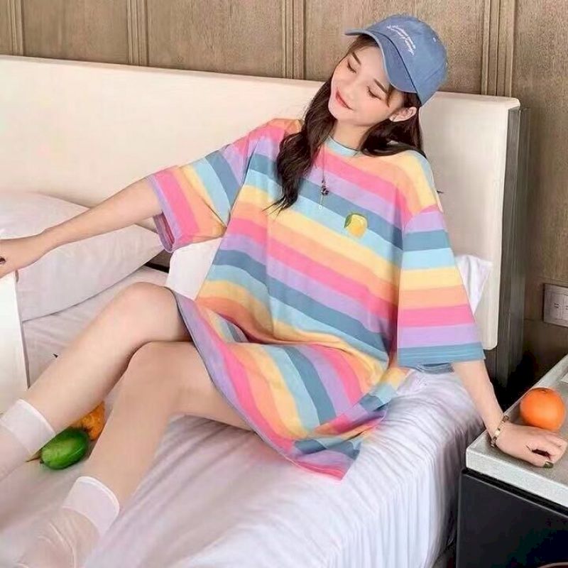 Sexy Women's Jacket Autumn Winter Rainbow Striped Long-sleeved Hoodless Shirt