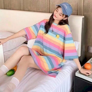 Sexy Women's Jacket Autumn Winter Rainbow Striped Long-sleeved Hoodless Shirt