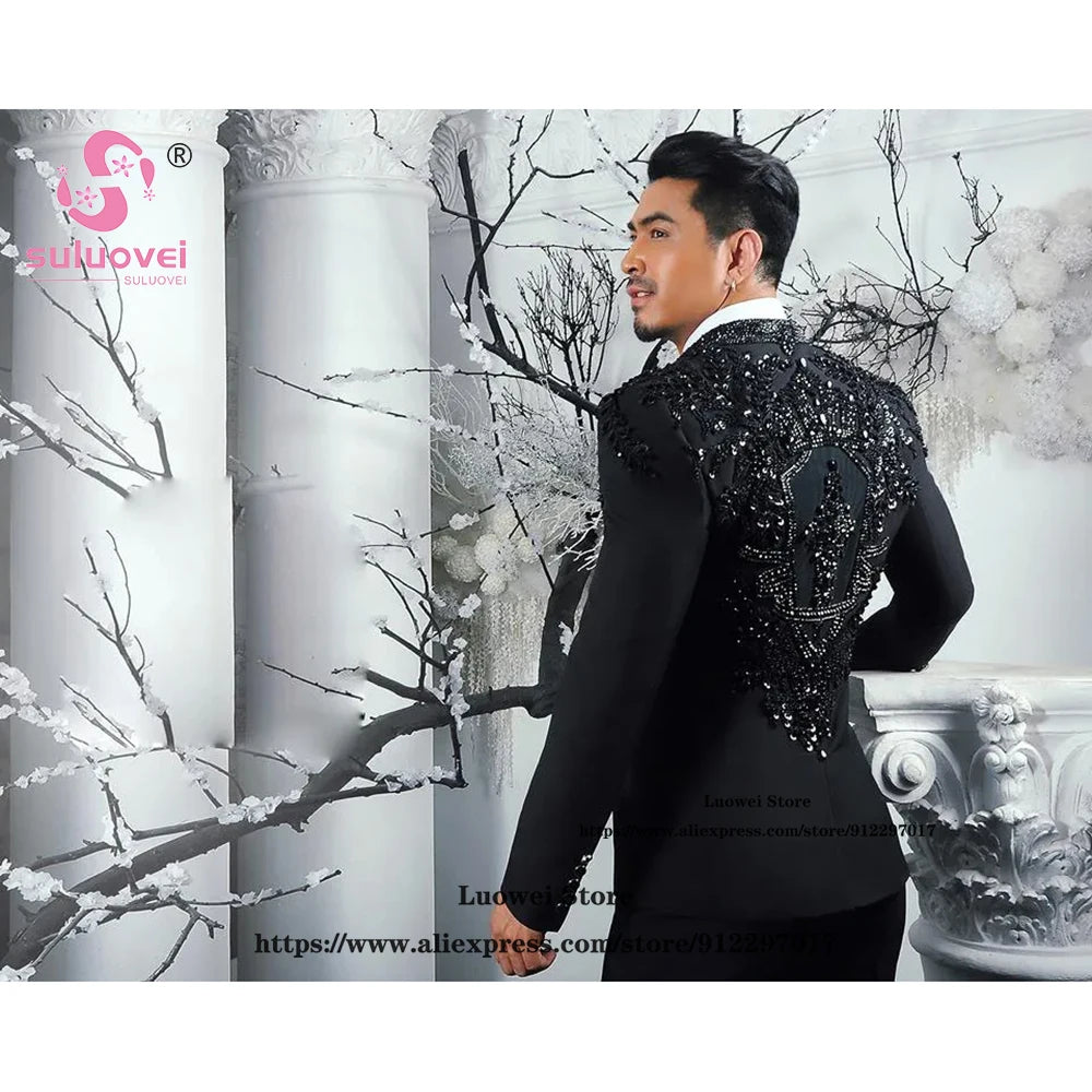 Luxury Shiny Beaded Applique Tuxedo Suits For Men Wedding 3 Piece Pants Set Customized Formal Groom Shawl Lapel Blazer Masculino