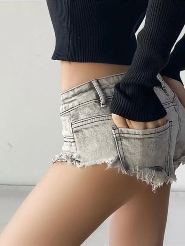 Sexy Hot Girl Denim Shorts Fashion Women Low Waist Retro Y2K Slim Elastic Streetwear Short Jeans Casual Commute Ripped Trousers