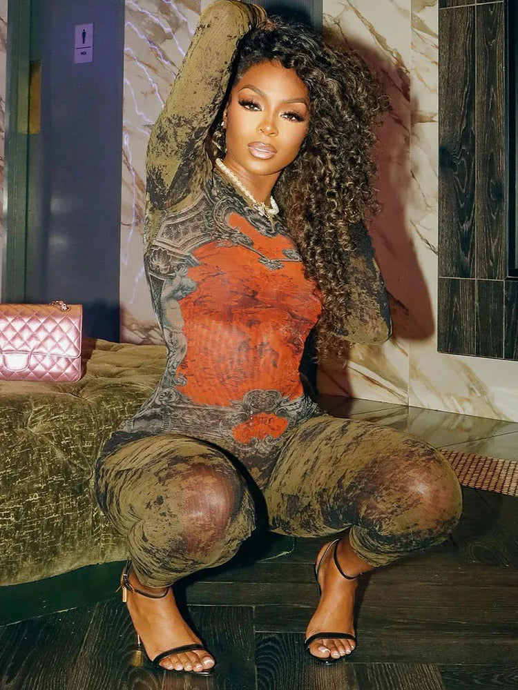 Sisterlinda Printing Slim O-Neck Long Sleeve Jumpsuit Women Sexy Popular Body-shaping Vestidos Girl Party Leisure Pencil Pants