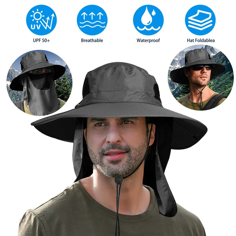 FANDAO Wide Brim Sun Hat With Neck Flap For Men Women Adjustable Outdoor 50+UPF Protection Safari Cap Hiking Fishing Hat