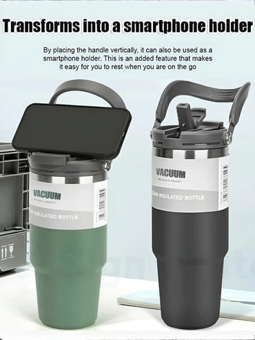 Portable Stainless Steel Thermal Cup , Large Capacity, Handheld with Dual Drinking Straw, Insulates Hot & Cold,Ideal for