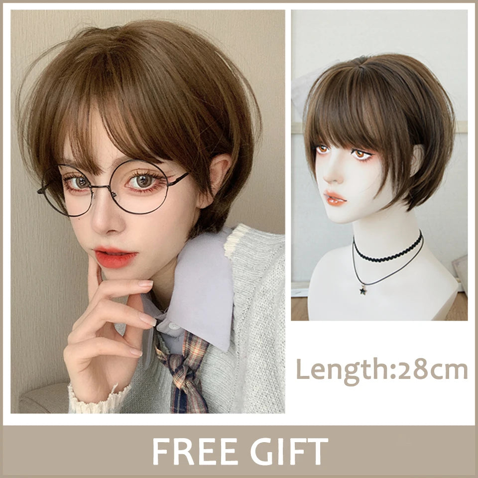 LM Synthetic Black Wig with Long Ponytail Short Straight Wig Lolita Cosplay Party Harajuku Blonde Wig With Bangs for Women