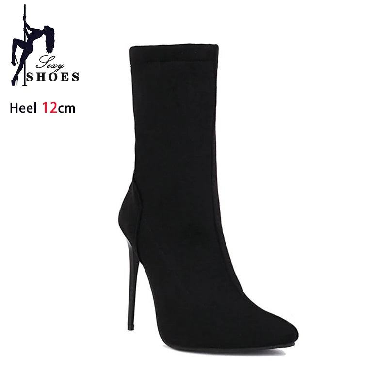 Winter Shoes For Woman Soft Leather Sock Ankle Boots 2024 New Pointed Toe Thin High Heels Women Short Booties Plus Size 44 45 46