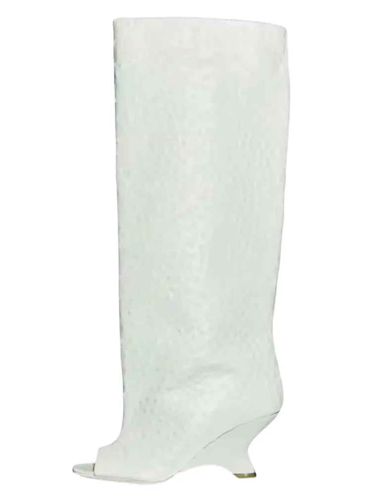 2025 Spring and Autumn Women's Fish Mouth Thick High Heels Knee Length Women's Boots Fashion Slope Heel Large Summer Cool Boots