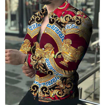 Fashion Vintage Shirts For Men Oversized Casual Shirt Floral Totem Print Long Sleeve Tops Men's Clothing Party Cardigan Blouses