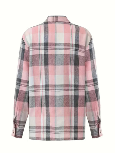 Women Plus Size Fashion Plaid Printed Shirt Casual Loose Long Sleeved Shirt Lapel Design Shirt Tops