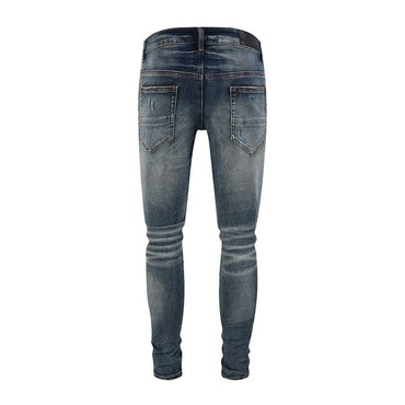 Fashionable new men's jeans with pleated elastic slim fit, retro washed blue jeans, high street designer hip-hop brand pants, ho