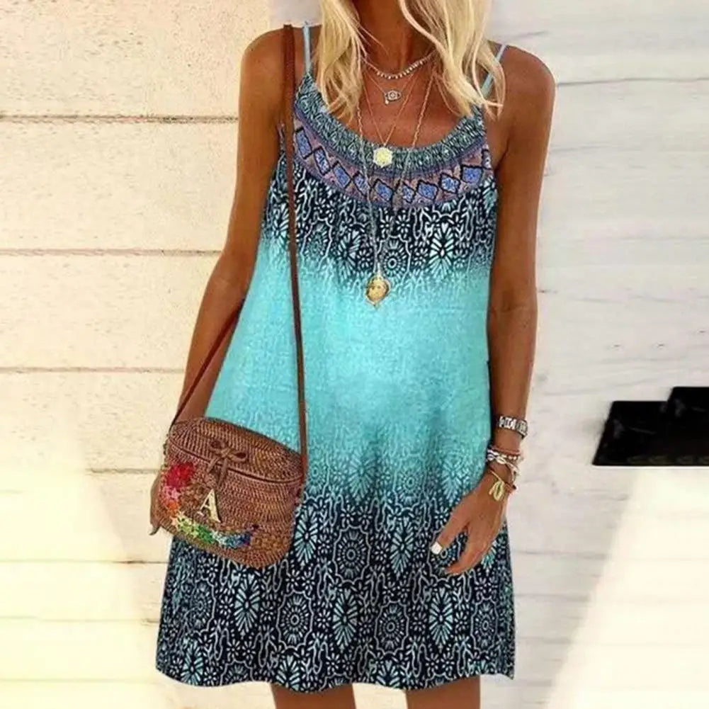 Women Summer Spaghetti Strap O-Neck A-Line Mini Swing Dress Boho Vintage Colorful Floral Print Loose Beach Cami Sundress