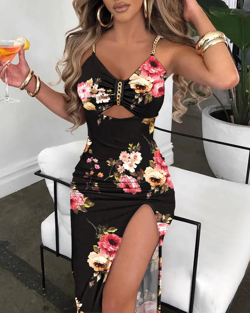 Women Long Maxi Slim V Neck Dress Evening Chain Decor Cutout High Slit Mega Mart Center Women Long Maxi Slim V Neck Dress Evening Chain Decor Cutout High Slit Mega Mart Center