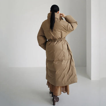 Winter New Stand Collar Long Down Jackets Loose Belt Long Sleeve Warm Coat Fashion Solid Cotton Padded Warm Down Overcoat Women