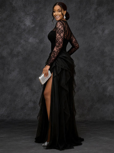 Elegant Lace Mesh Formal Evening Dress for Women's Plus Size Splice Hollow Out Split Hem Layer High Waist Cocktail Elegant Dress