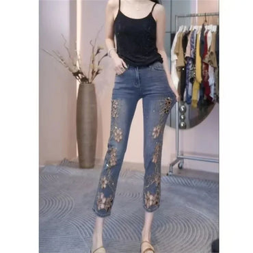 Heavy Industry Hollow Out Embroidered Jeans For Women 2025 New Summer Fashion Slim Ankle-Length Denim Pants Eight Points Jeans