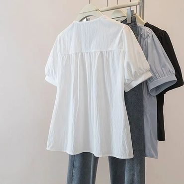 200 Pounds Plus Size Elastic Waist Office Lady Trend Shirt And Blouse Short Sleeve Solid Top Women Clothing V-neck French Chic