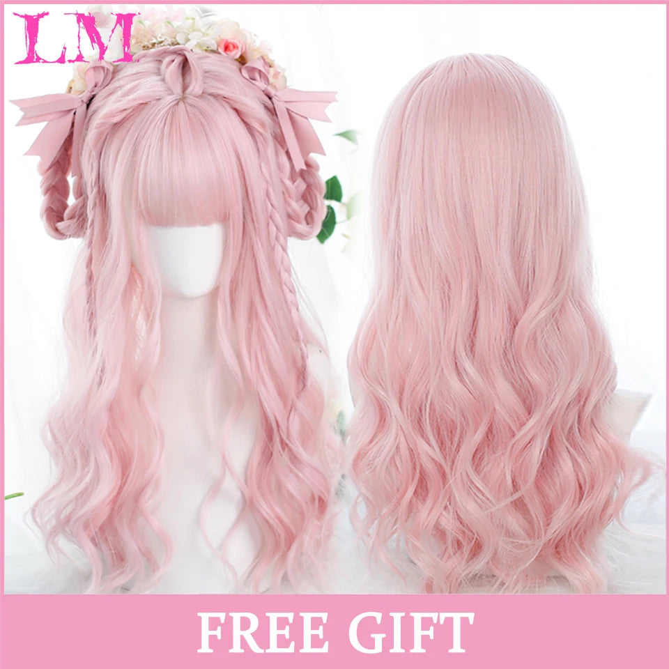 LM Synthetic Black Wig with Long Ponytail Short Straight Wig Lolita Cosplay Party Harajuku Blonde Wig With Bangs for Women