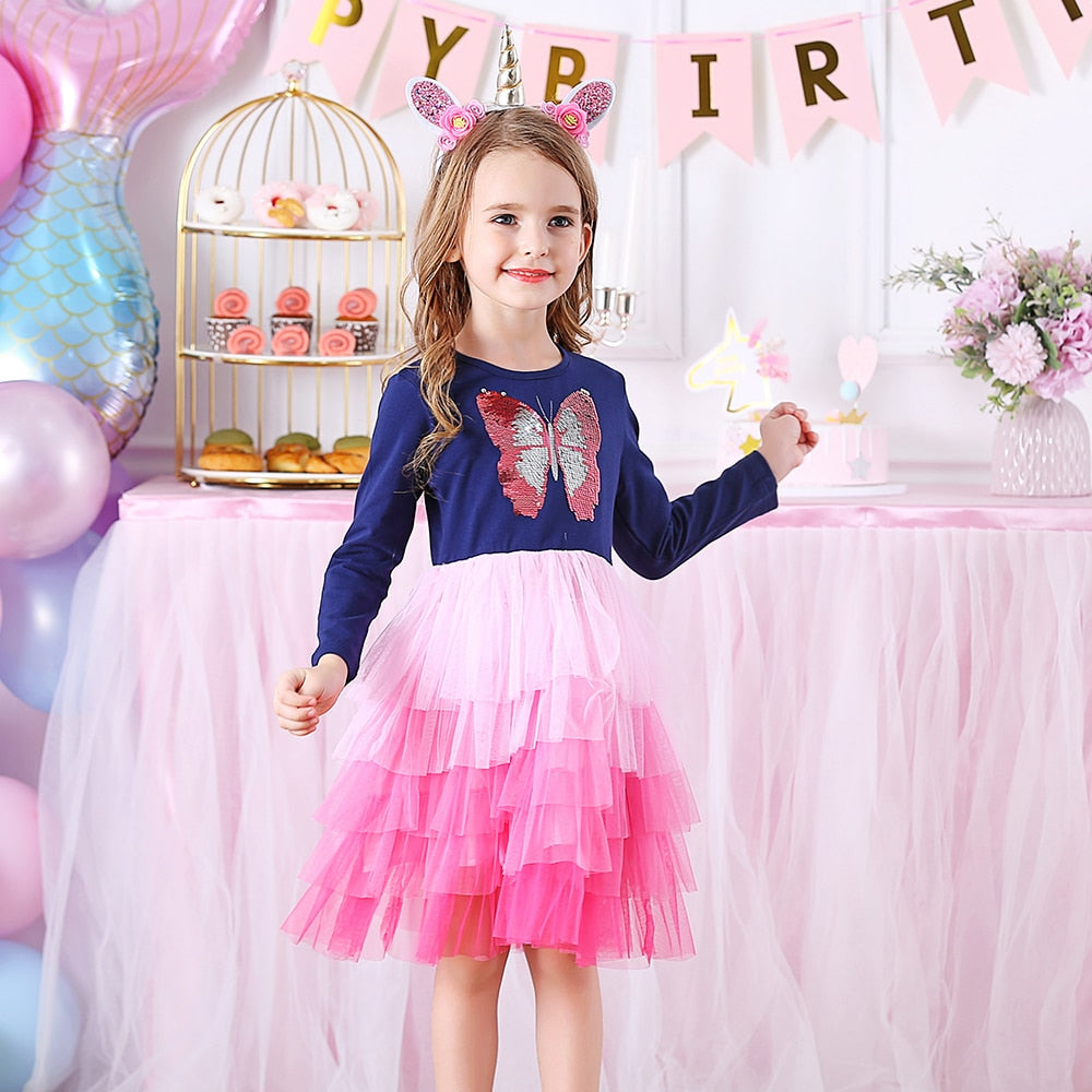 DXTON Princess Kids Dress Heart Sequined Girls Dress Winter Long Sleeve Children Clothing Tutu Flare Sleeve Kids Party Dresses