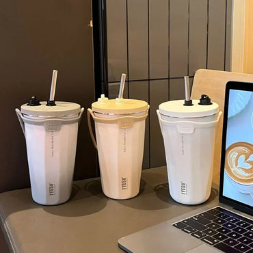 Stainless Steel Vacuum Insulated Coffee Mugs with Straw and Silicone Rope Portable Large Capacity Ice Bar Thermal Water Cup