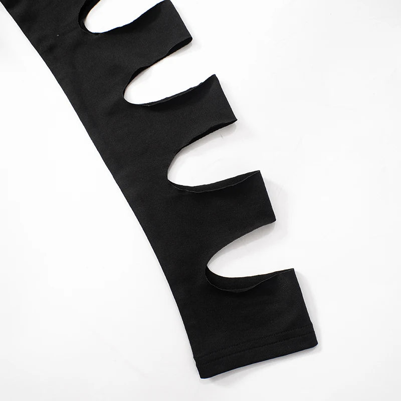 CUTENOVA 2024 New Hollow Out  Asymmetric Hot Girl Personality Set High Neck Sexy Long-Sleeved Jumpsuit Top + Hollow Out Pants