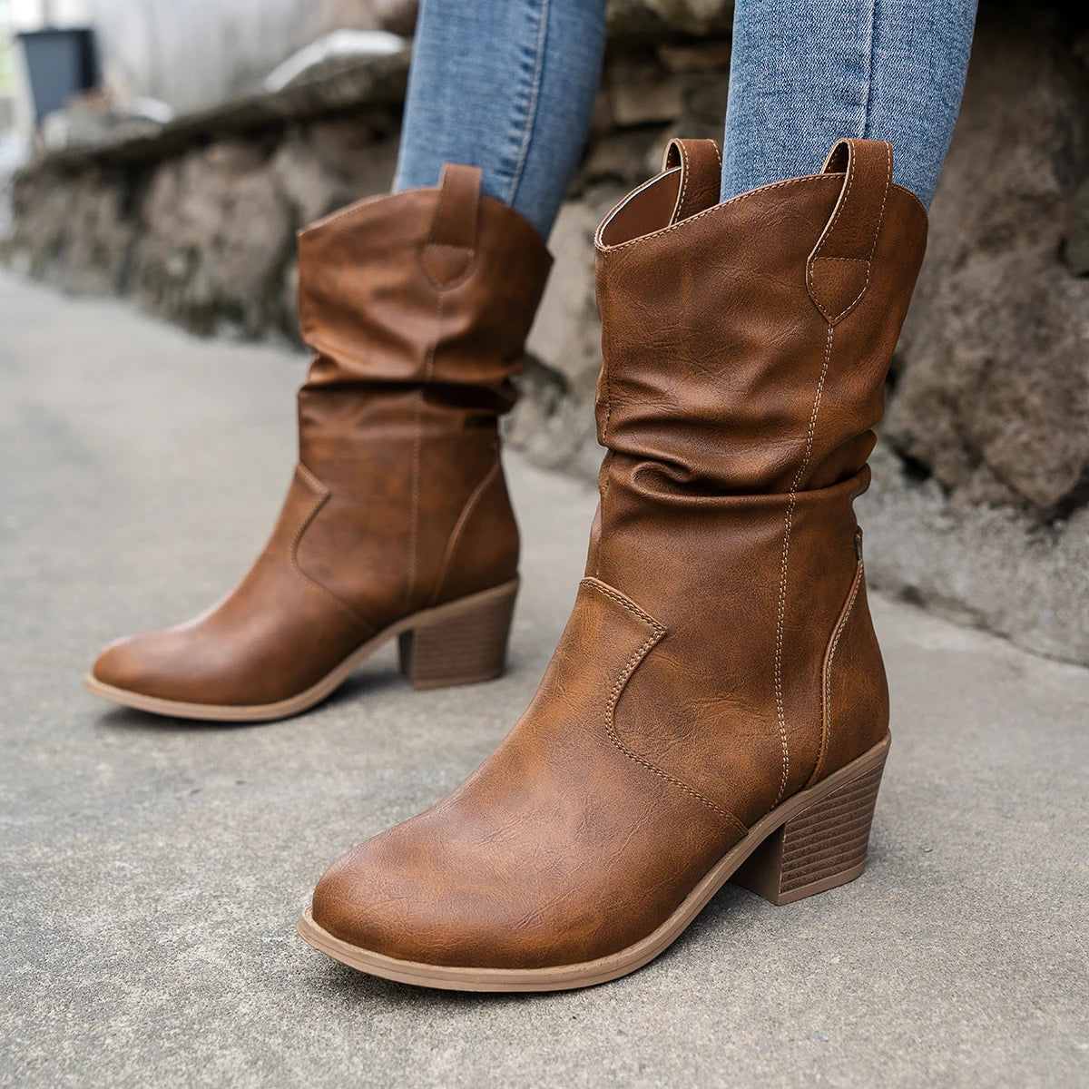Boots Frayed One Foot Den Small Heel Mid Western Cowboy Women's Boots Mid Boots Fashion Women's Boots